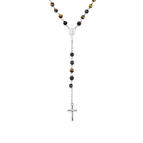 Silver Classic Rosary w/ Tiger Eye Crystals 18-inch