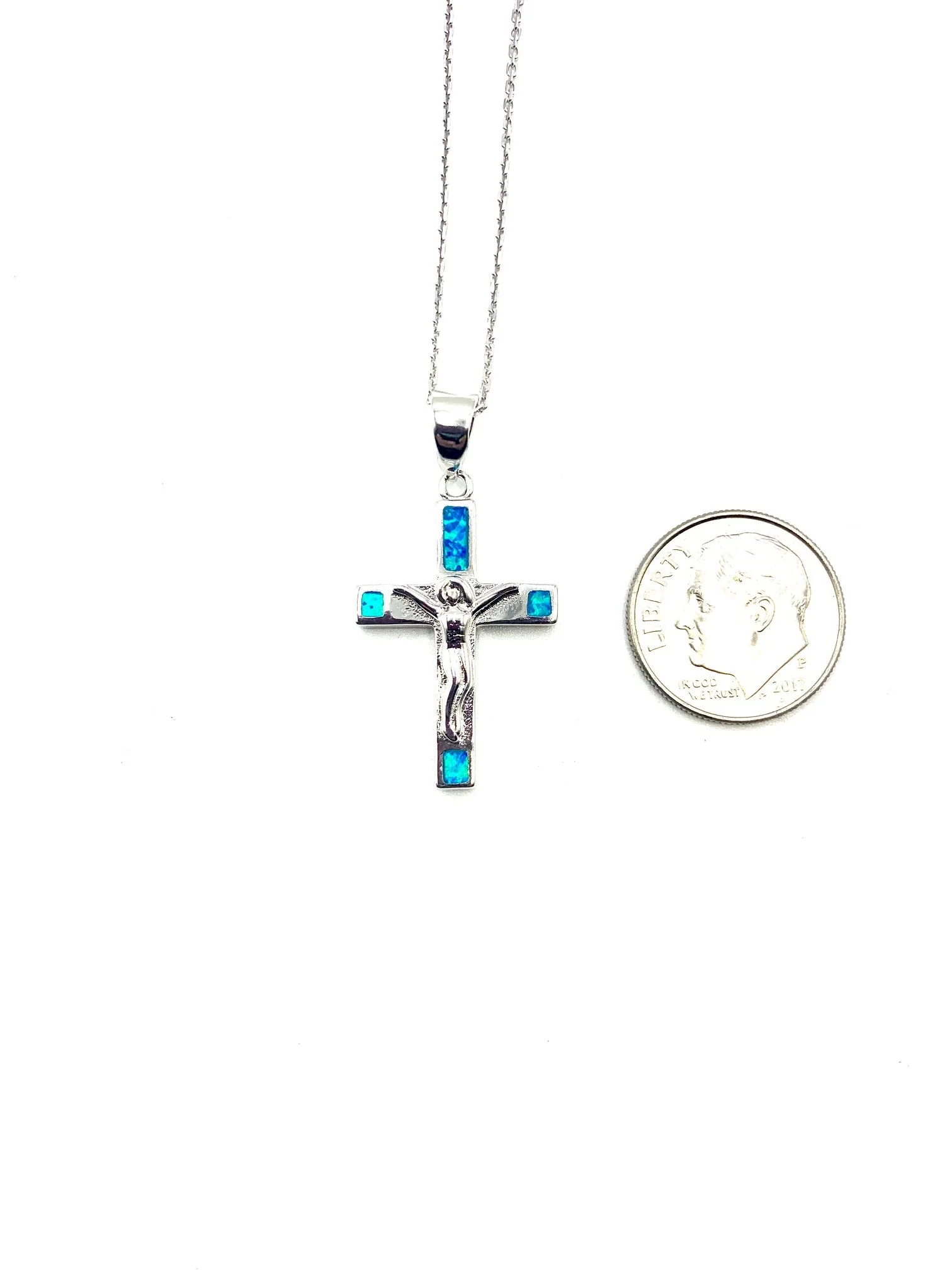 Silver Crucifix Necklace w/ Blue Opal 18-inch - Image 3