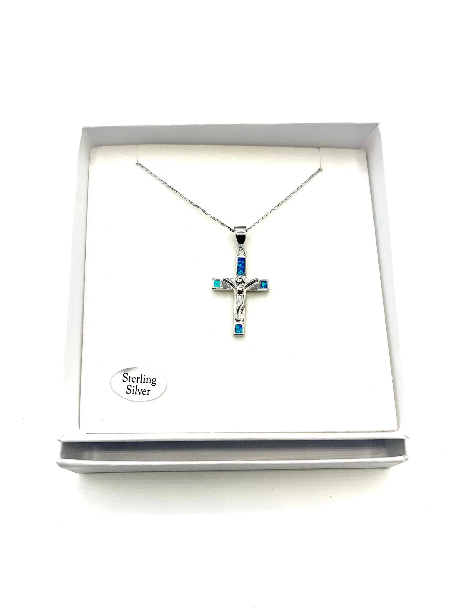 Silver Crucifix Necklace w/ Blue Opal 18-inch - Image 4