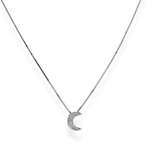 Silver Pav Moon Necklace w/ Zirconias 18-inch