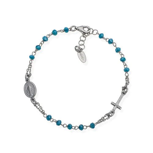 Silver Rosary Bracelet w/ Ocean Blue Crystals 7.5