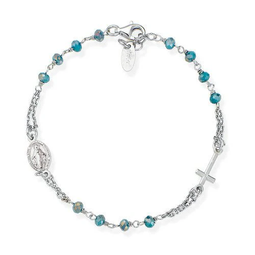 Silver Rosary Bracelet w/ Blue Iridescent Crystals 7.5