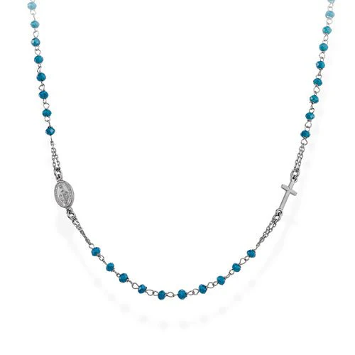 Silver Rosary choker nd pastel blue crystals - Ruthenium 18-inch