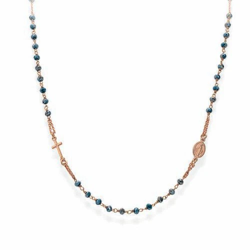 Silver Rosary choker petroleum blue iridescent crystals -rose 18-inch
