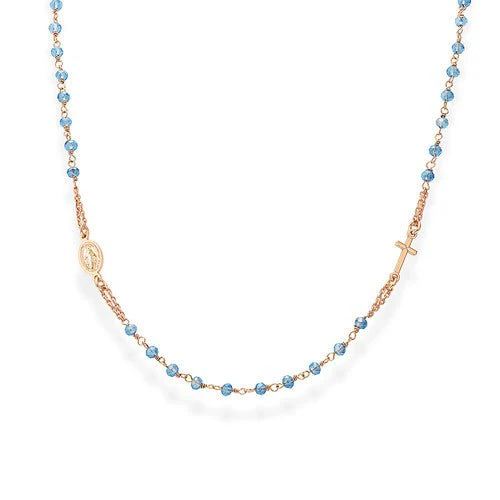 Silver Rosary choker sky-blue iridescent crystal - rose 18-inch