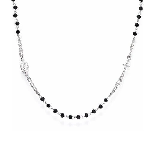 Silver Rosary choker with black cubic zirconia, rhodium 18-inch