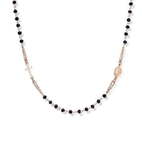 Silver Rosary choker with black cubic zirconia, rose 18-inch