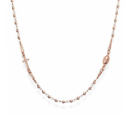 Silver Rosary choker with  Cross pav, rose 18-inch