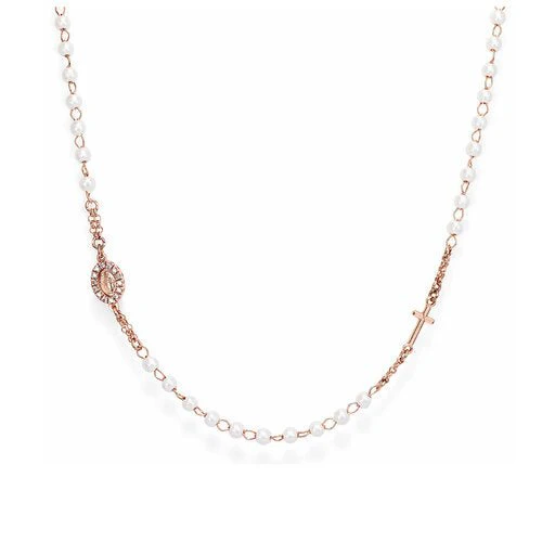Silver Rosary choker with pearls and Miracolosa pav, rose 18-inch