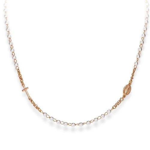 Silver Rosary choker with pearls, rose 18-inch