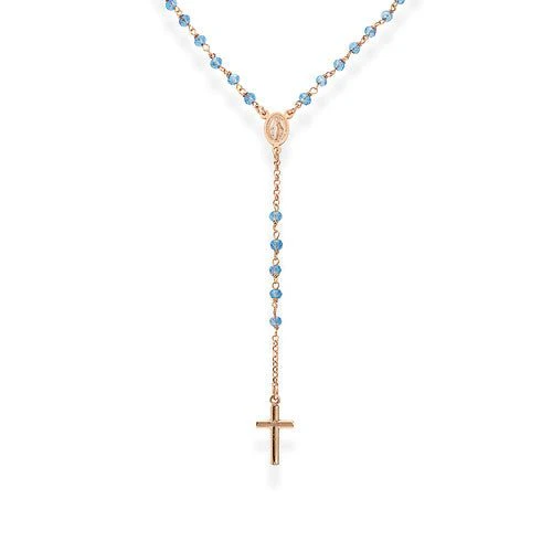 Silver Rosary classic necklace sky-blue iridescent crystal- rose 18-inch
