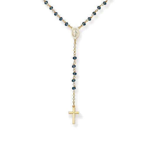 Silver Rosary classic necklace with Blue crystals, golden 18-inch