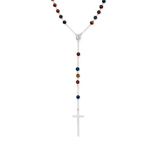 Silver Rosary Necklace tiger's- eyes grains 18-inch
