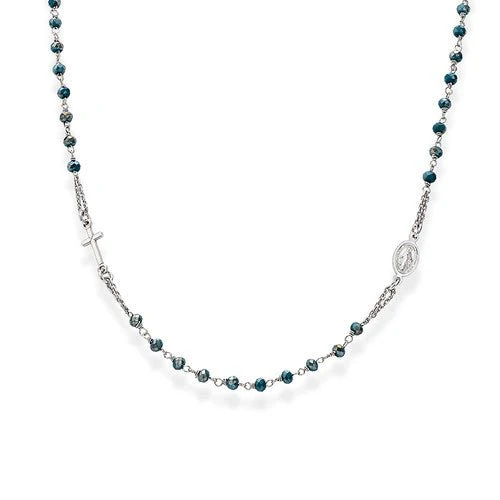 Silver Classic Rosary Necklace w/ Blue crystals 18-inch