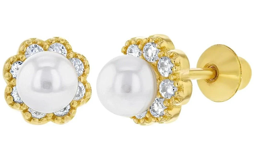 Silver Flower Screw Back Earrings w/ Sim. Pearls & Zirconias