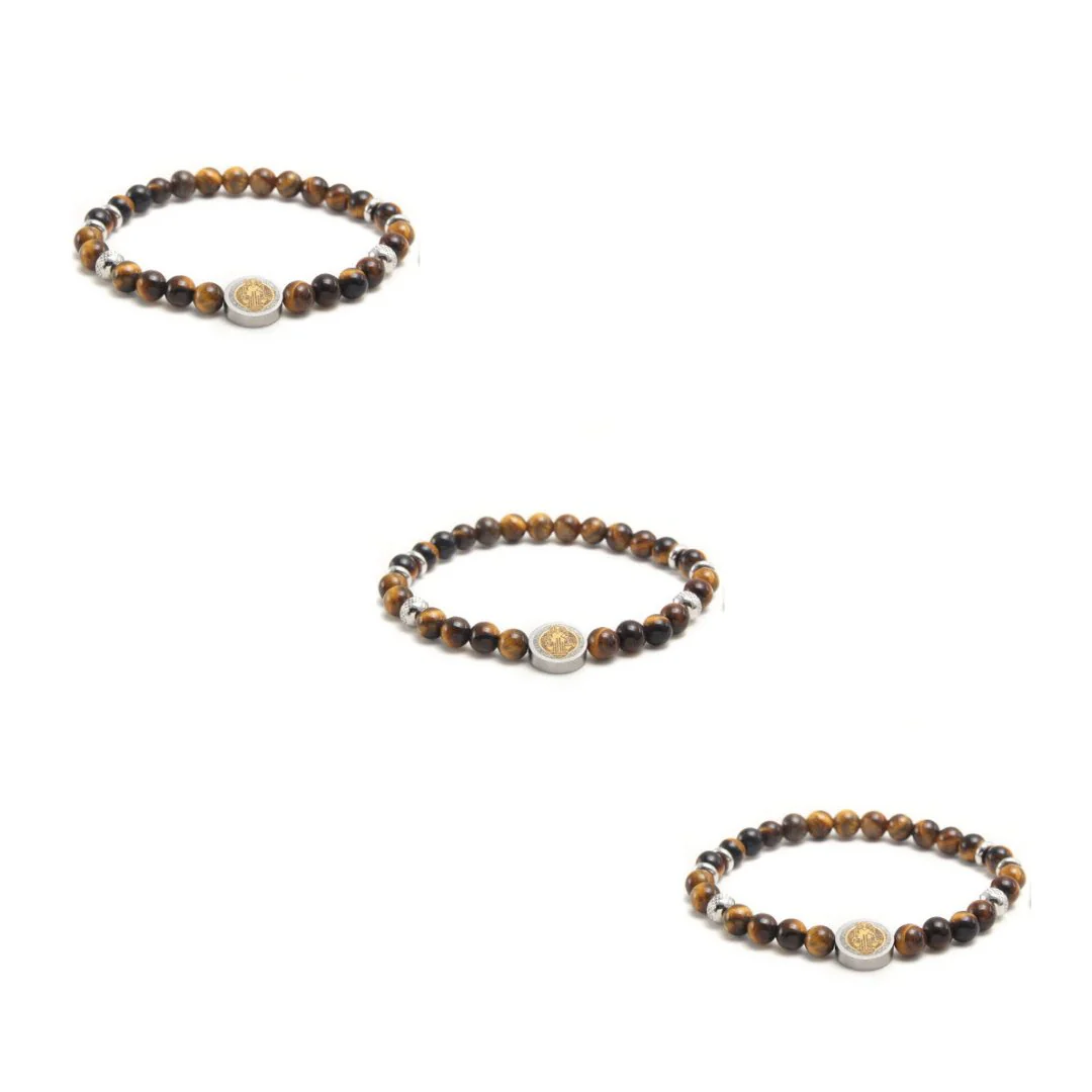 Tiger Eye Bead Bracelet with Saint Benedict Charm 7.5-inch - Image 10