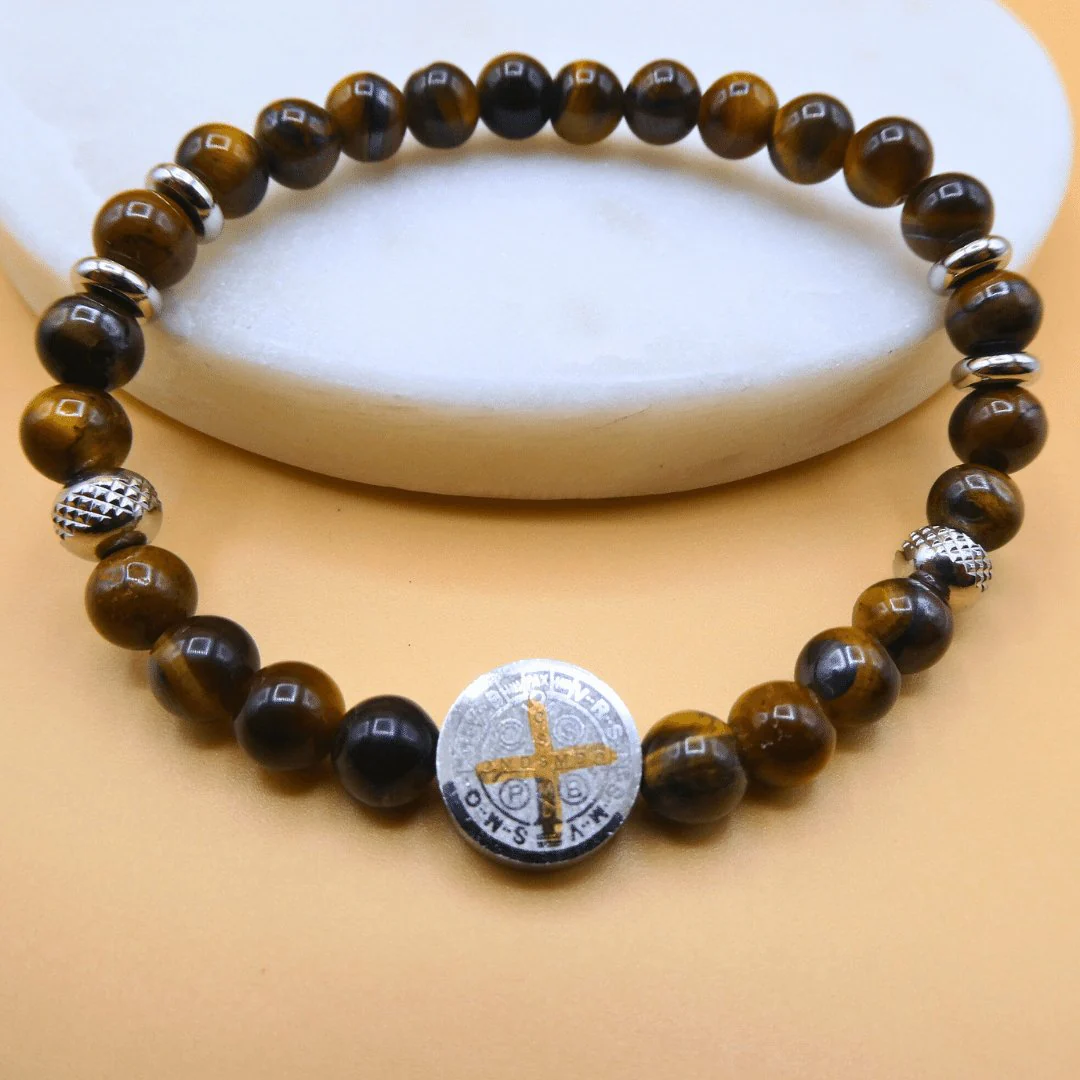 Tiger Eye Bead Bracelet with Saint Benedict Charm 7.5-inch - Image 3