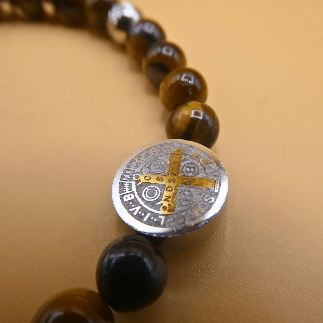 Tiger Eye Bead Bracelet with Saint Benedict Charm 7.5-inch - Image 5