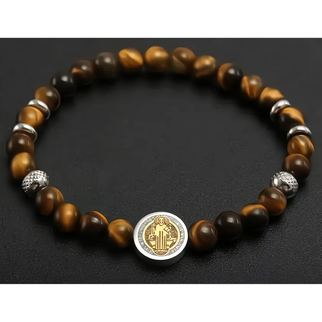 Tiger Eye Bead Bracelet with Saint Benedict Charm 7.5-inch - Image 6
