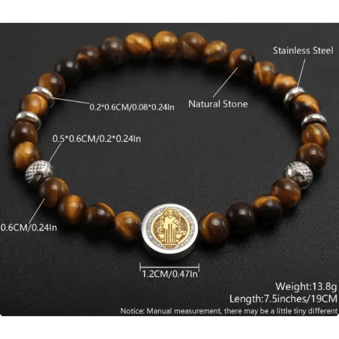 Tiger Eye Bead Bracelet with Saint Benedict Charm 7.5-inch - Image 7