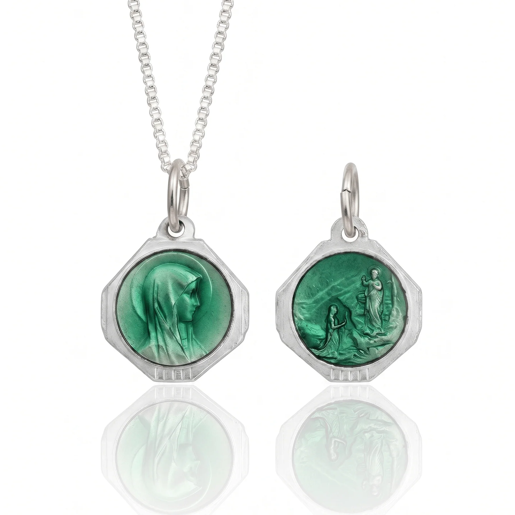 Vintage Our Lady of Lourdes Medal Necklace, Silver-tone Aluminum with Emerald Enamel, French Import (18")
