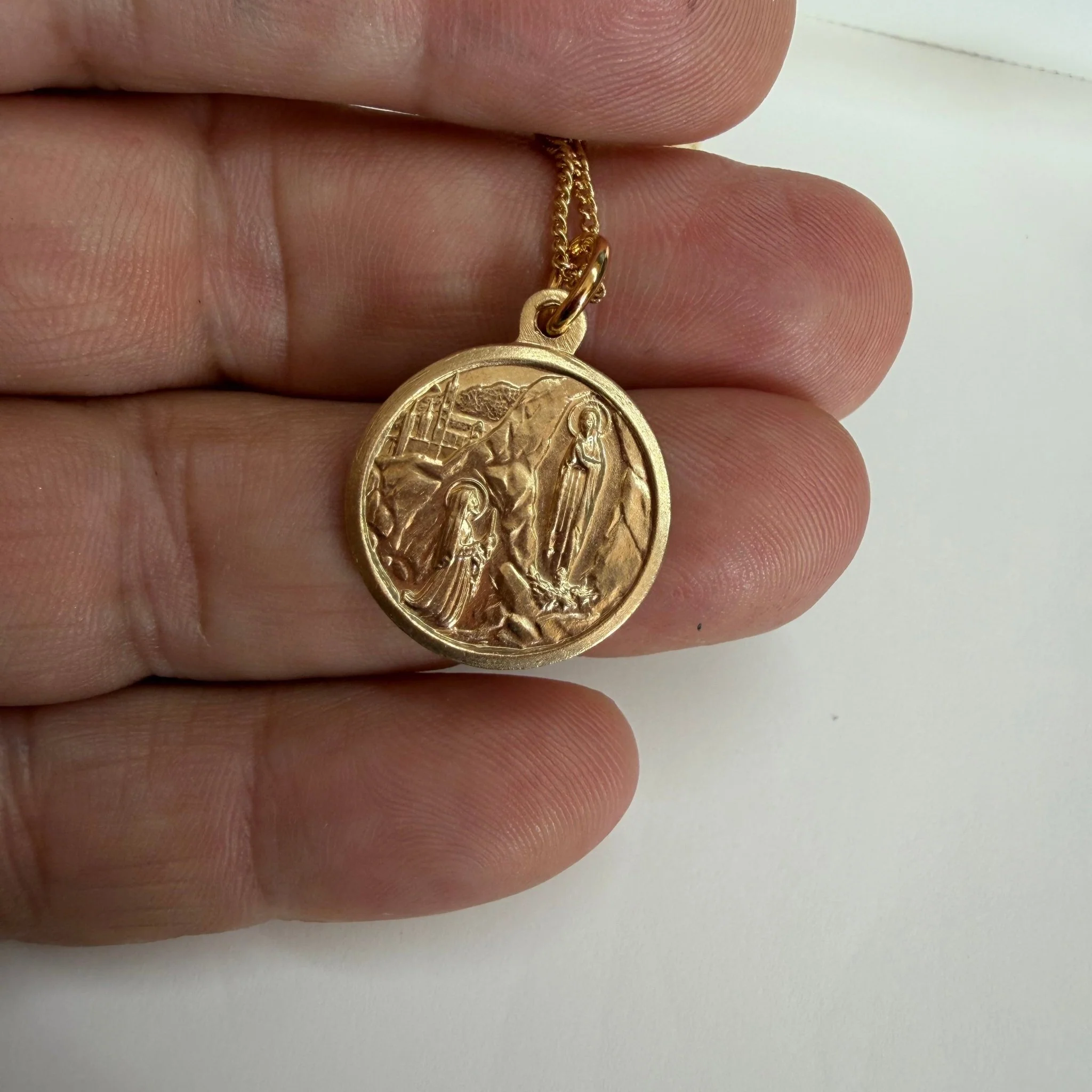 Vintage Our Lady of Lourdes Medal Necklace — 18K Gold Plated Brass, French Import (18") - Image 2