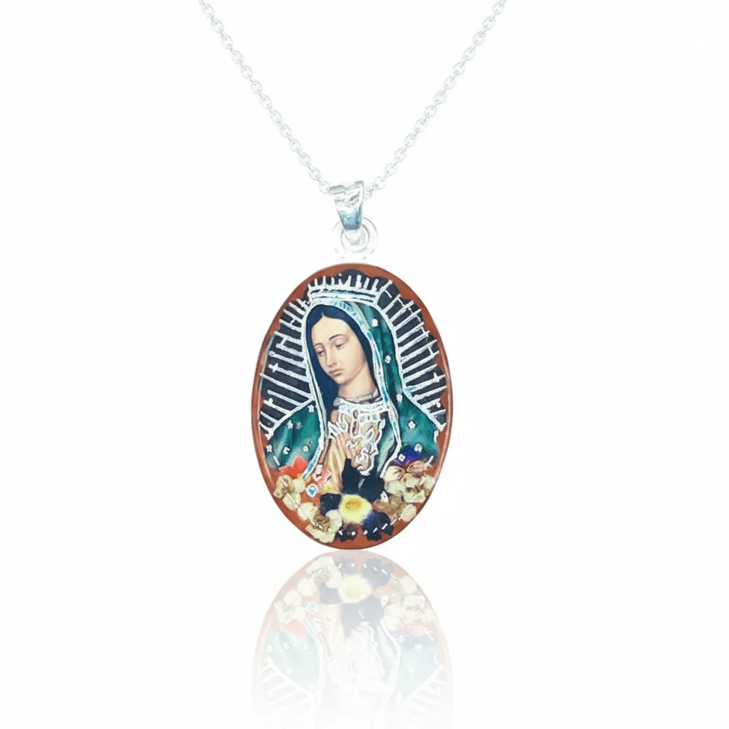 Virgen de Guadalupe Large Oval Portrait Pendant w/ Pressed Flowers 18-inch