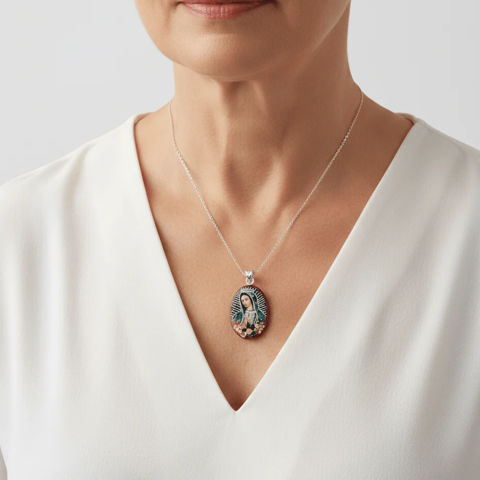 Virgen de Guadalupe Large Oval Portrait Pendant w/ Pressed Flowers 18-inch - Image 2