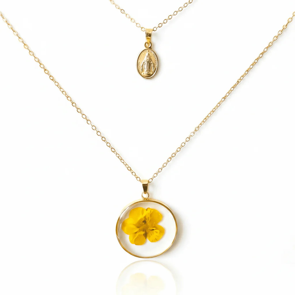 Gold-Plated Virgin Mary Necklace and Flowers Double Layer Necklace Set 18-inch