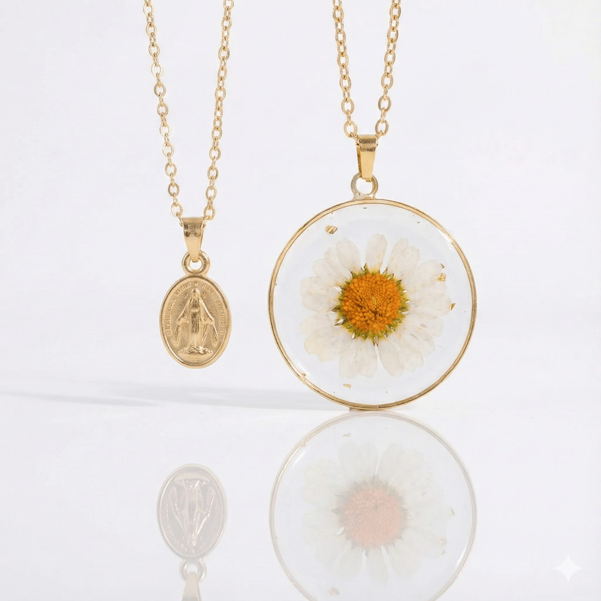 Gold-Plated Virgin Mary Necklace and Flowers Double Layer Necklace Set 18-inch - Image 3