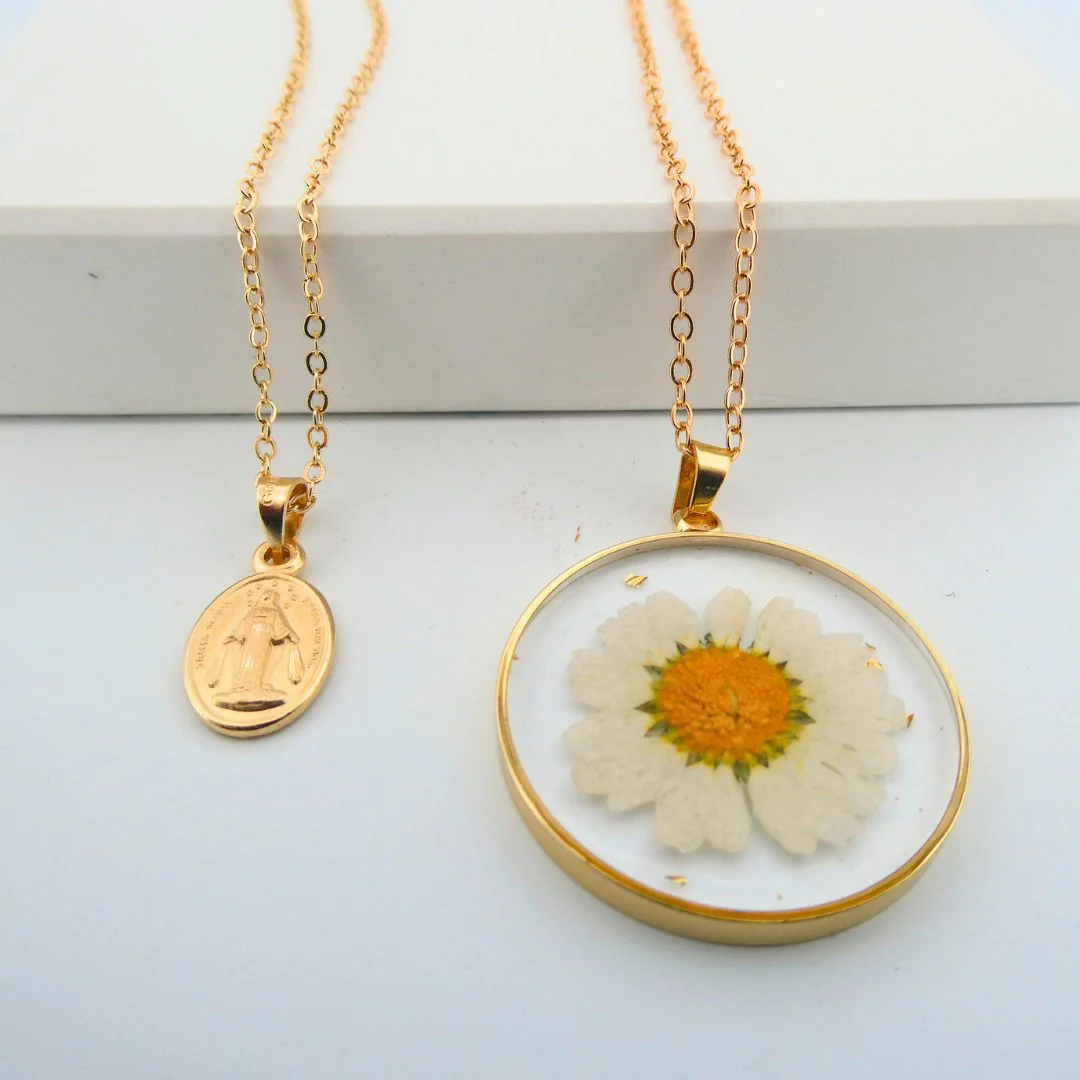 Gold-Plated Virgin Mary Necklace and Flowers Double Layer Necklace Set 18-inch - Image 4