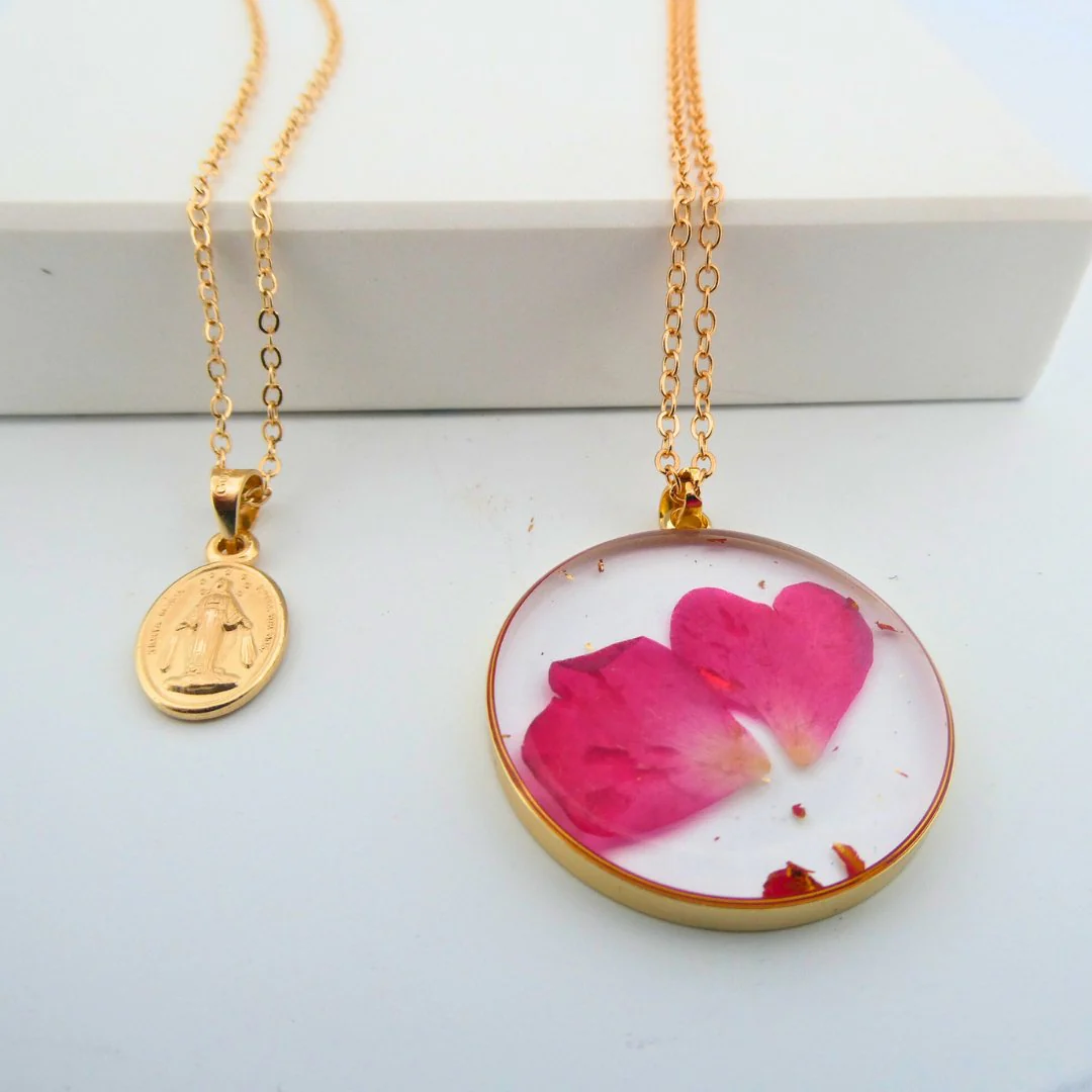 Gold-Plated Virgin Mary Necklace and Flowers Double Layer Necklace Set 18-inch - Image 6