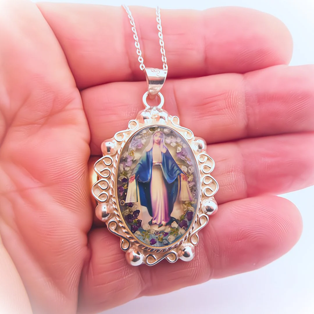 Our Lady of Grace Baroque Necklace w/ Pressed Flowers 18-inch - Image 4