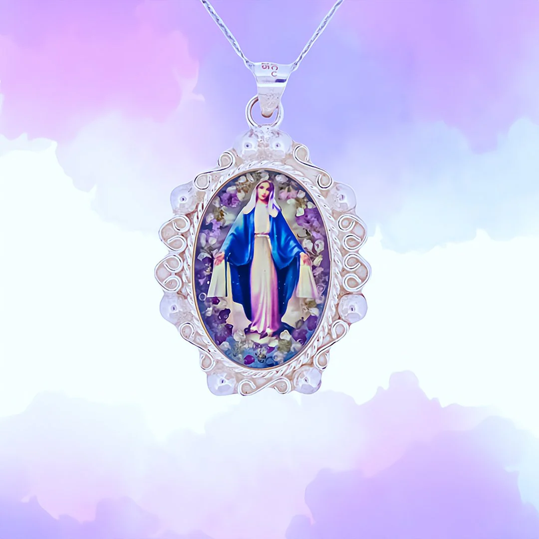 Our Lady of Grace Baroque Necklace w/ Pressed Flowers 18-inch - Image 9