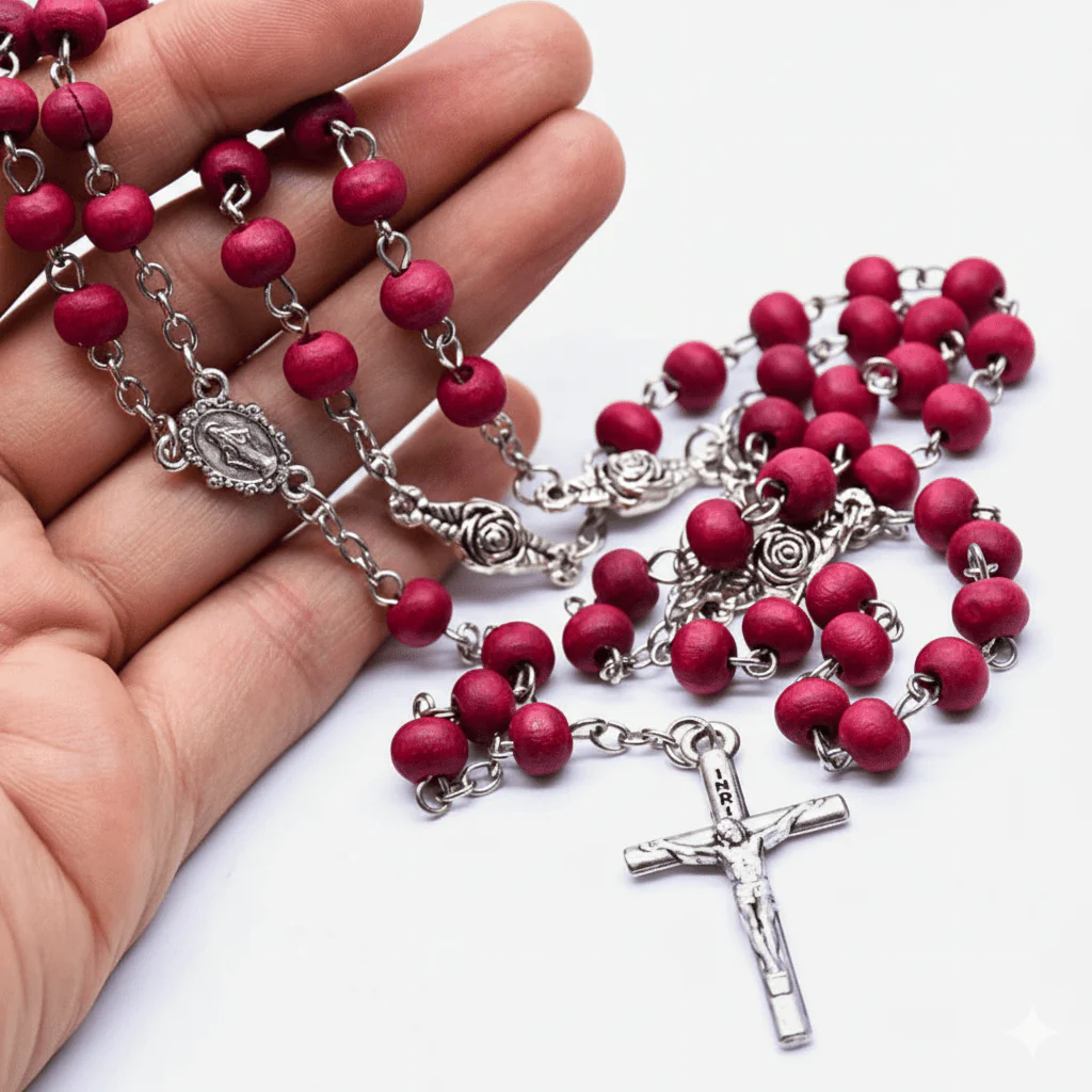 Miraculous Medal Roses Wooden Rosary Beads with Roses 30-inch - Image 3